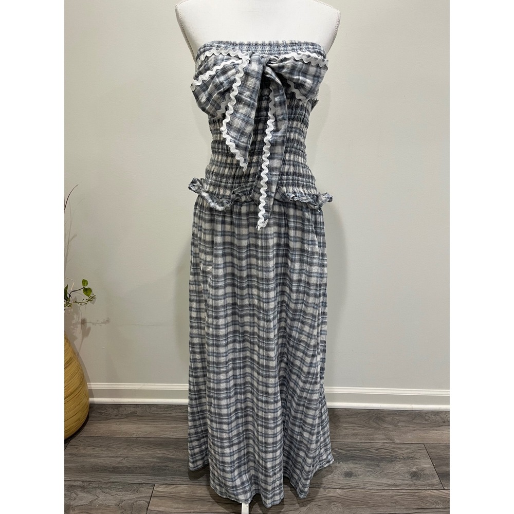 Peppermayo Blue and White Plaid Strapless Maxi Dress - Picture 3 of 10